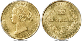 Victoria gold Sovereign 1865-SYDNEY AU55 PCGS, Sydney mint, KM4, Marsh-A370. Admitting a peppering of contact marks throughout the fields, still retai...
