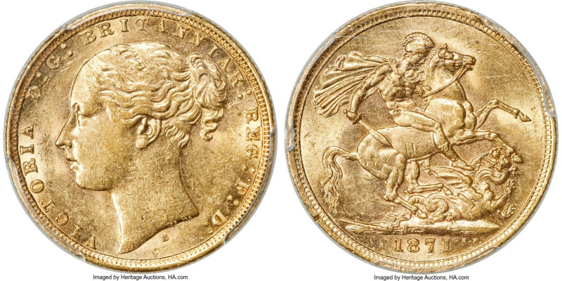 Victoria gold "St. George" Sovereign 1871-S AU58 PCGS, Sydney mint, KM7, S-3858A...