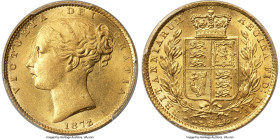 Victoria gold "Shield" Sovereign 1872/1-M MS62 PCGS, Melbourne mint, KM6, S-3854. An enthralling representative of this famous overdate, recounting th...