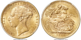 Victoria gold "St. George" Sovereign 1872-S MS61 PCGS, Sydney mint, KM7, S-3858A. The lightest friction to Victoria's hair and a mark to her neck prev...
