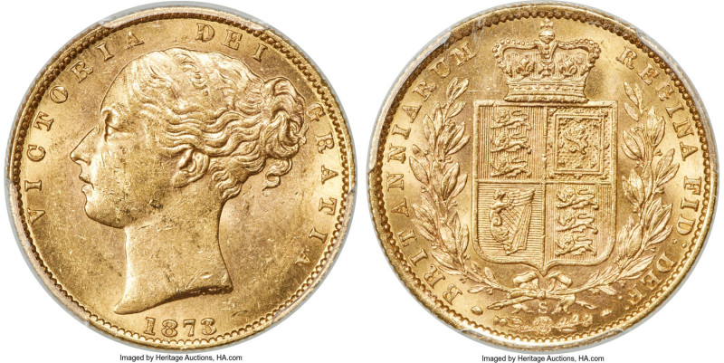 Victoria gold "Shield" Sovereign 1873-S MS60 PCGS, Sydney mint, KM6, S-3855. A f...