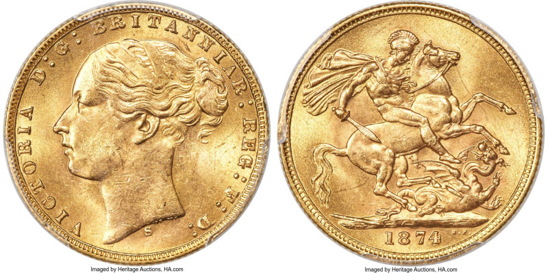 Victoria gold "St. George" Sovereign 1874-S MS63 PCGS, Sydney mint, KM7, S-3858A...