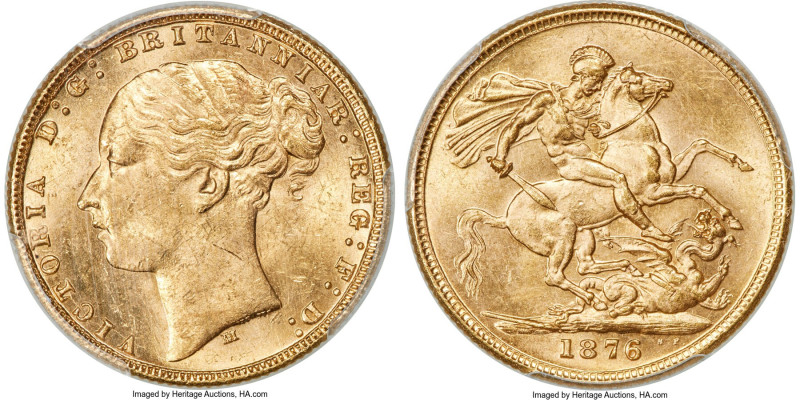 Victoria gold "St. George" Sovereign 1876-M MS62 PCGS, Melbourne mint, KM7, S-38...