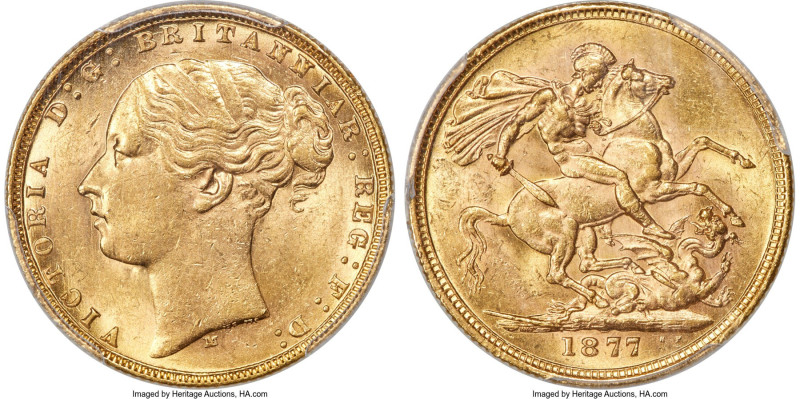 Victoria gold "St. George" Sovereign 1877-M MS61 PCGS, Melbourne mint, KM7, S-38...