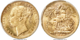 Victoria gold "St. George" Sovereign 1880-M MS62 PCGS, Melbourne mint, KM7, S-3857D. Horse with medium tail. An elegant selection hosting a lovely hon...