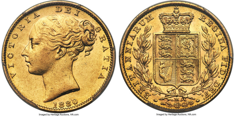 Victoria gold "Shield" Sovereign 1880-M AU58 PCGS, Melbourne mint, KM6, S-3854. ...