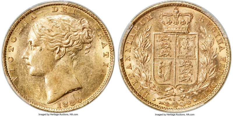 Victoria gold "Shield" Sovereign 1880-S AU58 PCGS, Sydney mint, KM6, S-3855. A g...