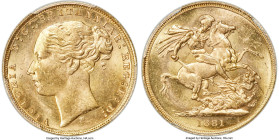 Victoria gold "St. George" Sovereign 1881-M MS64 PCGS, Melbourne mint, KM7, S-3857A. Horse with short tail. An incredibly pleasing near-Gem example sa...