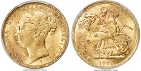 Victoria gold "St. George" Sovereign 1881-S MS61 PCGS, Sydney mint, KM7, S-3858D. Horse with short tail. Light friction and a few noted marks througho...