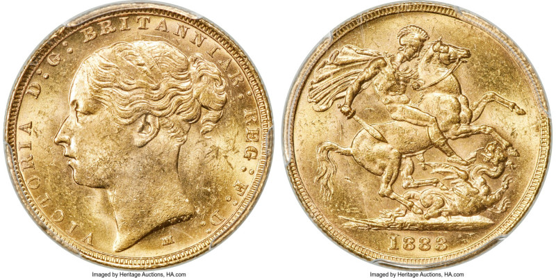 Victoria gold "St. George" Sovereign 1883-M MS62 PCGS, Melbourne mint, KM7, S-38...