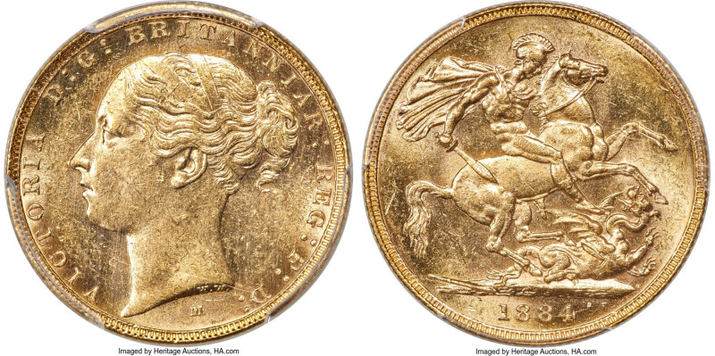 Victoria gold "St. George" Sovereign 1884-M MS61 PCGS, Melbourne mint, KM7, S-38...