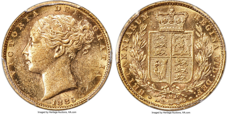 Victoria gold "Shield" Sovereign 1885-M AU58 PCGS, Melbourne mint, KM6, S-3854A....