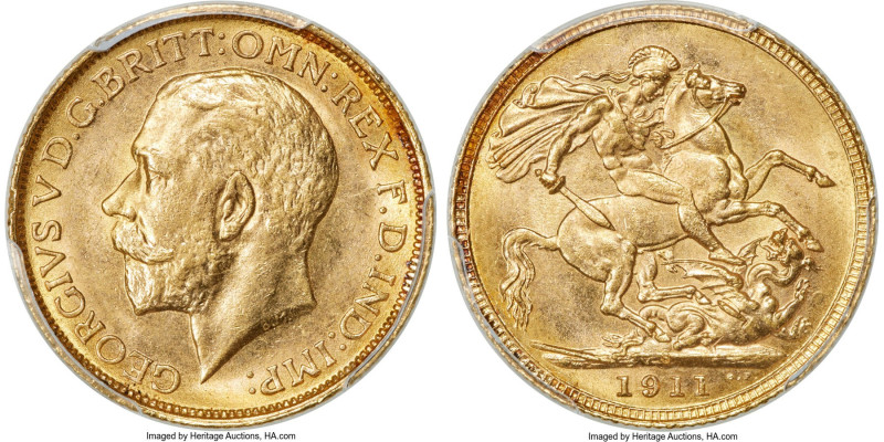 George V gold Sovereign 1911-S MS63 PCGS, Sydney mint, KM29, S-4003. Privately p...