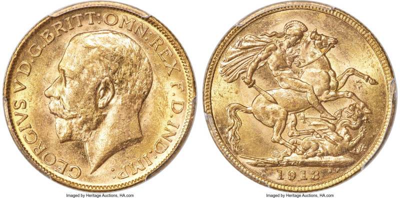 George V gold Sovereign 1913-M MS62 PCGS, Melbourne mint, KM29, S-3999. Privatel...