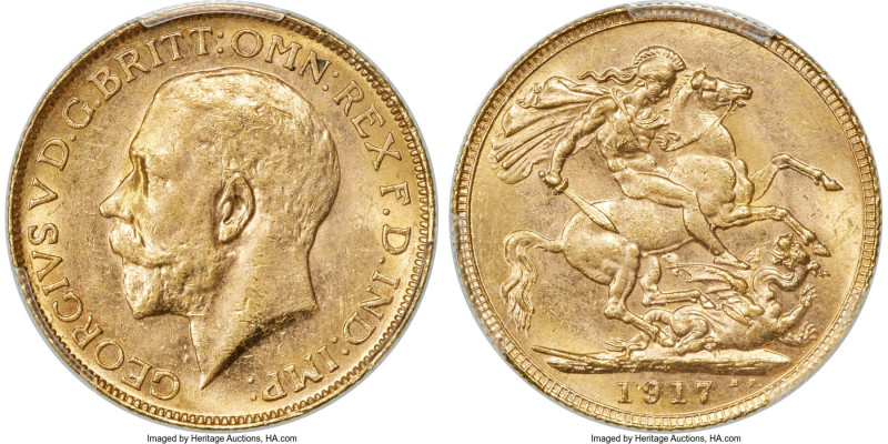 George V gold Sovereign 1917-P MS62 PCGS, Perth mint, KM29, S-4001. Privately pu...