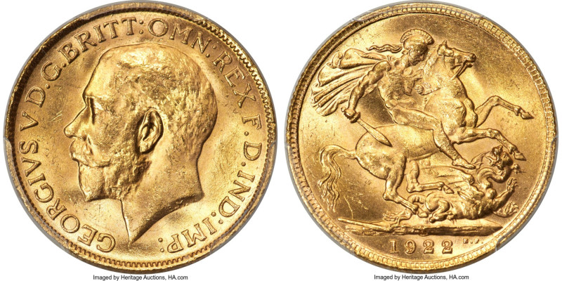 George V gold Sovereign 1922-M MS64 PCGS, Melbourne mint, KM29, S-3999, Marsh-24...