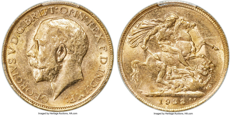 George V gold Sovereign 1922-P AU58 PCGS, Perth mint, KM29, S-4001. Privately pu...