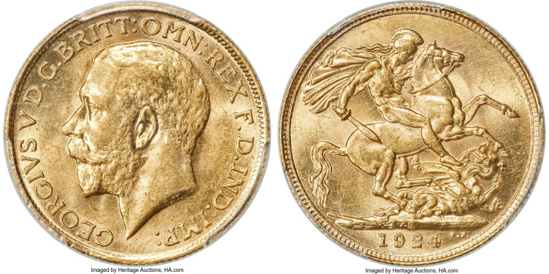 George V gold Sovereign 1924-S MS62 PCGS, Sydney mint, KM29, S-4003. A condition...