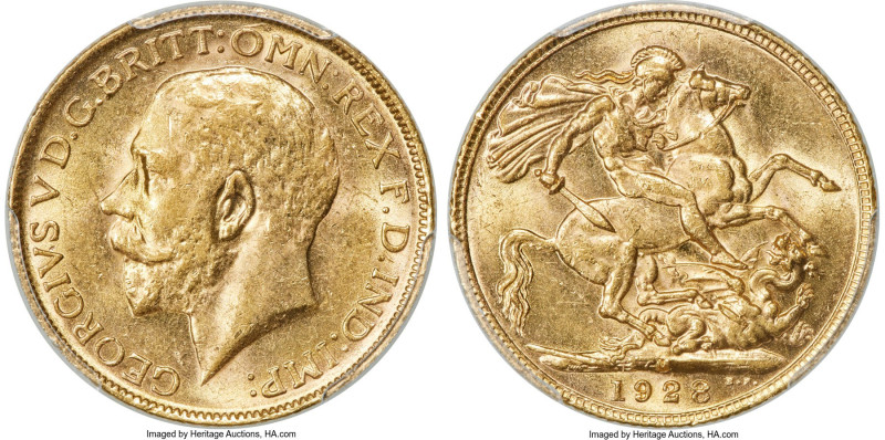 George V gold Sovereign 1928-M MS62 PCGS, Melbourne mint, KM29, S-3999. Pressing...