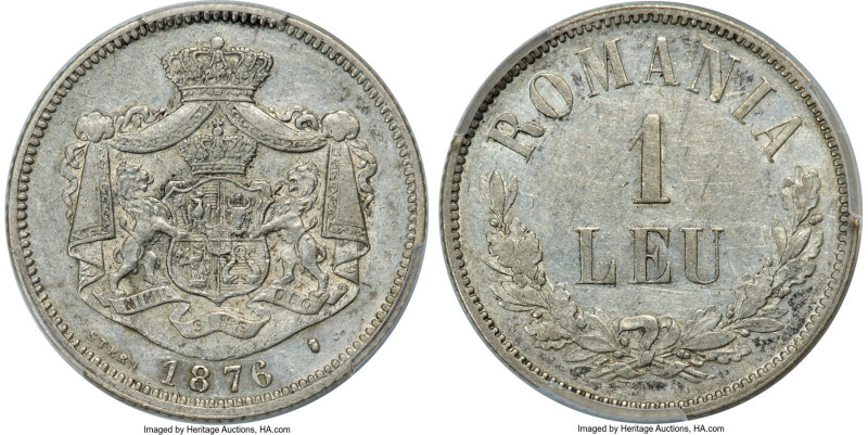 Carol I Leu 1876-(b) AU53 PCGS, Brussels mint, KM10, Schäffer/Stambuliu-14. Hard...