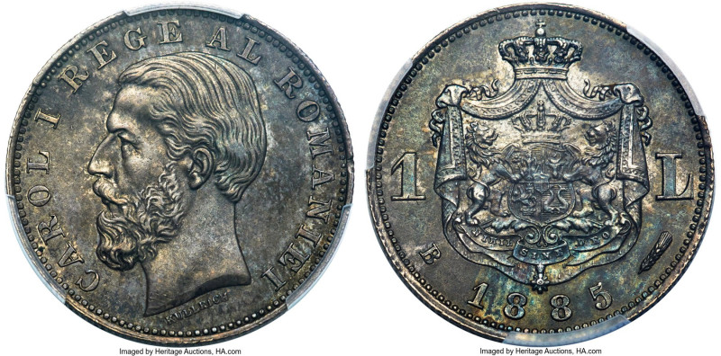 Carol I Leu 1885-B AU58 PCGS, Bucharest mint, KM22, Schäffer/Stambuliu-37. Quite...