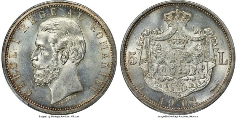 Carol I 5 Lei 1901-B MS63+ PCGS, Hamburg mint, KM17.2, Schäffer/Stambuliu-54. Pu...