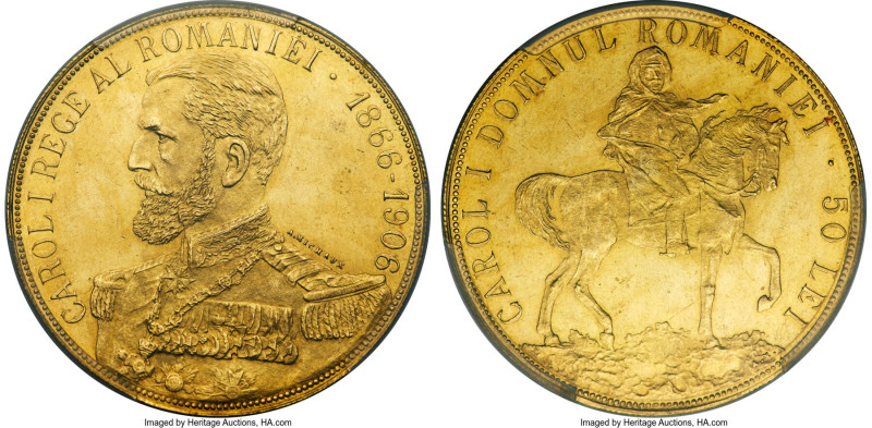 Carol I gold 50 Lei 1906-(b) MS61 PCGS, Brussels mint, KM39, Schäffer/Stambuliu-...