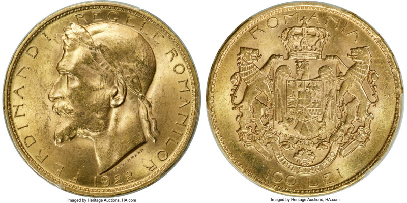 Ferdinand I gold 100 Lei 1922-Dated (1928/1929) MS62 PCGS, London mint, KM-XM4, ...