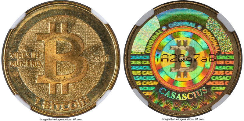 Casascius brass "Casacius" Loaded (Unredeemed) 1 Bitcoin (BTC) 2011 MS64 NGC, Ah...