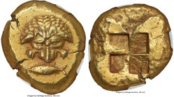 MYSIA. Cyzicus. Ca. 550-450 BC. EL stater (22mm, 15.99 gm). NGC Choice XF 5/5 - 3/5. Lion scalp seen from above; tunny left below / Quadripartite incu...