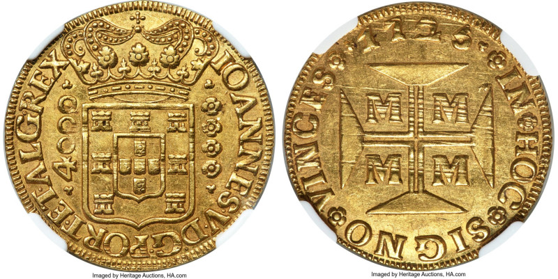 João V gold 4000 Reis 1725-M MS61 NGC, Minas Gerais mint, KM115, LMB-241, Fr-35....