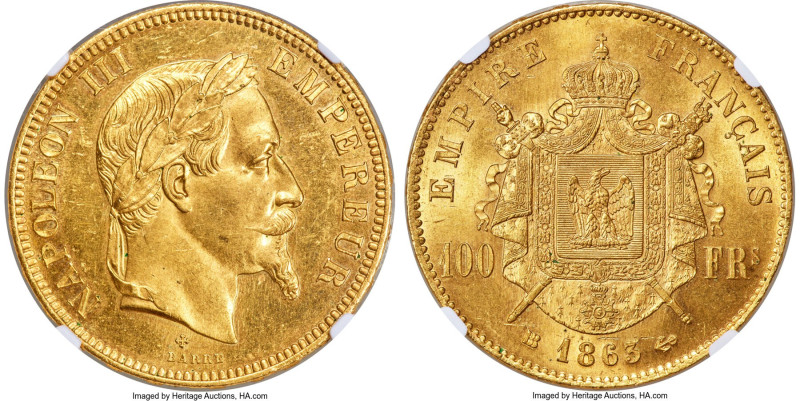 Napoleon III gold 100 Francs 1863-BB MS64 NGC, Strasbourg mint, KM802.2, Gad-113...