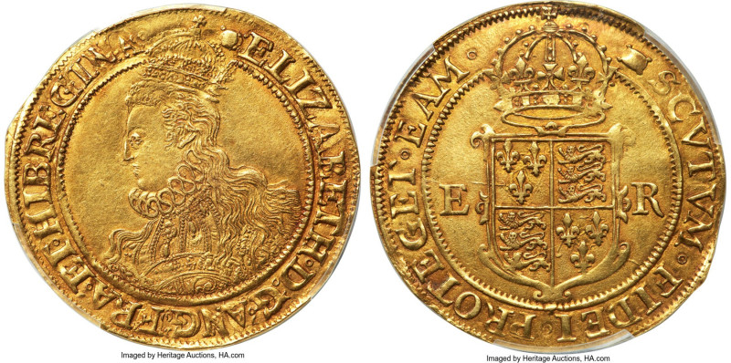 Elizabeth I (1558-1603) gold Pound ND (1594-1596) AU58 PCGS, Tower mint, Woolpac...