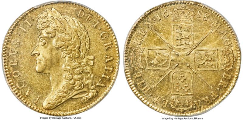 James II gold 5 Guineas 1688 MS60 PCGS, KM460.1, S-3397A. Second bust. QVARTO ed...