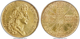 William III gold "Fine Work" 5 Guineas 1701 MS62 PCGS, KM508, S-3456, EGC-399 (R). DECIMO TERTIO edge. Plain scepters variety. Seldom do we find ourse...