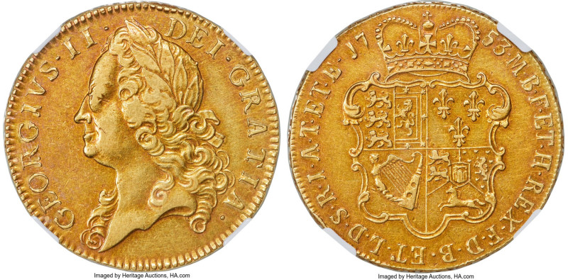 George II gold 5 Guineas 1753 XF40 NGC, KM586.2, S-3666, EGC-563. VICESIMO SEXTO...