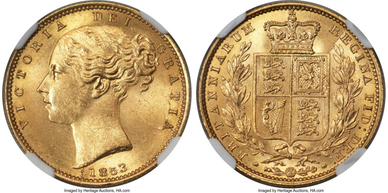 Victoria gold "Shield" Sovereign 1853 MS66 NGC, KM736.1, S-3852C, Marsh-36. W.W....