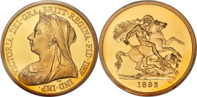 Victoria gold Proof 5 Pounds 1893 PR64 Deep Cameo PCGS, KM787, S-3872, W&R-287, Marsh-F34. Mintage: 773. A very challenging Proof issue approaching th...