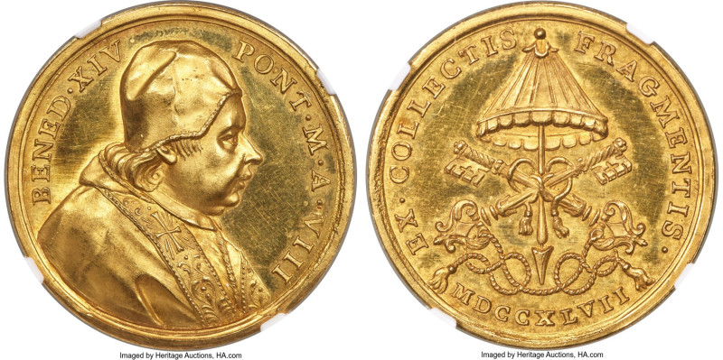 Papal States. Benedict XIV gold Medal Anno VIII (1747) MS63 Prooflike NGC, Mazio...