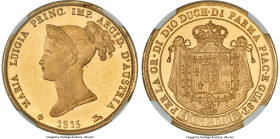 Parma. Maria Luigia gold Specimen 40 Lire 1815 SP64 Ultra Cameo NGC, Milan mint, cf. Fr-933 (business strike), cf. Pagani-1 (same), MIR-1091/1. A spec...
