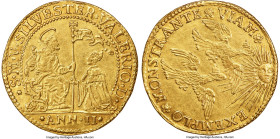 Venice. Silvestro Valier gold Osella of 4 Zecchini Anno II (1695) AU58 NGC, Fr-Unl., Paolucci-II-345 (R5). 13.74gm. An elusive type on the whole, with...