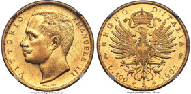 Vittorio Emanuele III gold 100 Lire 1903-R MS61 NGC, Rome mint, KM39, Fr-22, Pag-638. Mintage: 966. A bright and bold offering with flashy, yellow-gol...