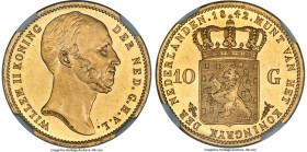Willem II gold 10 Gulden 1842 MS64 S Prooflike NGC, Utrecht mint, KM71, Fr-333. Fleur-de-lis privy mark. Mintage: 860. Entrancing, to say the least, a...