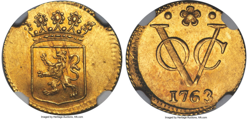 Dutch Colony. United East India Company gold Duit 1763 MS61 NGC, Dordrecht mint,...