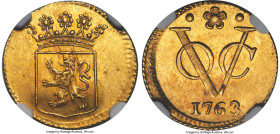 Dutch Colony. United East India Company gold Duit 1763 MS61 NGC, Dordrecht mint, KM70b, Fr-7b. 1.66gm. Holland issue. An extraordinary rarity within a...