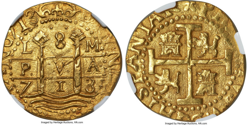 Philip V gold Cob 8 Escudos 1713 L-M MS62 NGC, Lima mint, KM38.2, Calico-2122, F...