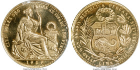 Republic gold 100 Soles 1950 MS66 Prooflike PCGS, Lima mint, KM231, Fr-78. Mintage: 1,176. From the first year of this increasingly popular, expansive...