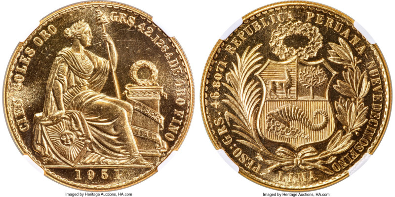 Republic gold 100 Soles 1951 MS66 Prooflike NGC, Lima mint, KM231, Fr-78. Of the...