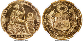 Republic gold 100 Soles 1951 MS66 Prooflike NGC, Lima mint, KM231, Fr-78. Of the highest quality, bestowed a confidently Gem status bolstered by a who...