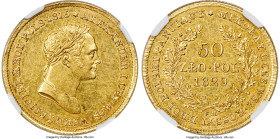 Nicholas I of Russia gold 50 Zlotych 1829-FH AU58 NGC, KM-C119, Bitkin 978 (R1), Kopicki 2744 (R3). A superb rarity in the Polish series, this excepti...